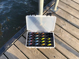 Top view of FishMore T3 Pro Tackle Box fitting Salmo Hornet size 5 lures in Plano 3700 size