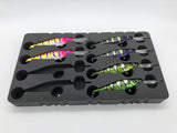 Angled view of FishMore T3 Pro Tackle Box fitting Walleye Nation Creations Reaper lures in Plano 3700 size
