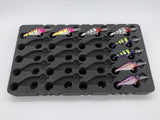 Angled view of FishMore T3 Pro Tackle Box fitting Walleye Nation Creations Shaky Shad size SS05 lures in Plano 3700 size