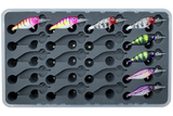 Top view of FishMore T3 Pro Tackle Box fitting Walleye Nation Creations Shaky Shad size SS05 lures in Plano 3700 size