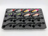 Angled view of FishMore T3 Pro Tackle Box fitting Walleye Nation Creations Shaky Shad size SS07 lures in Plano 3700 size