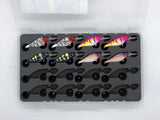 Top view of FishMore T3 Pro Tackle Box fitting Walleye Nation Creations Shaky Shad size SS07 lures in Plano 3700 size